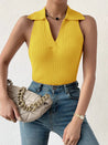 Summer V - Neck Ribbed Knit Crop Top - Sleeveless Turndown Collar in 10 Colors - Yellow - 42275247718469