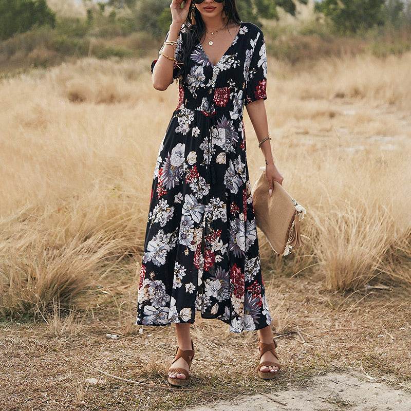 Floral Summer Beach Dress With V Neck Elastic Waist Dresses For Women - Dash Racegear Store