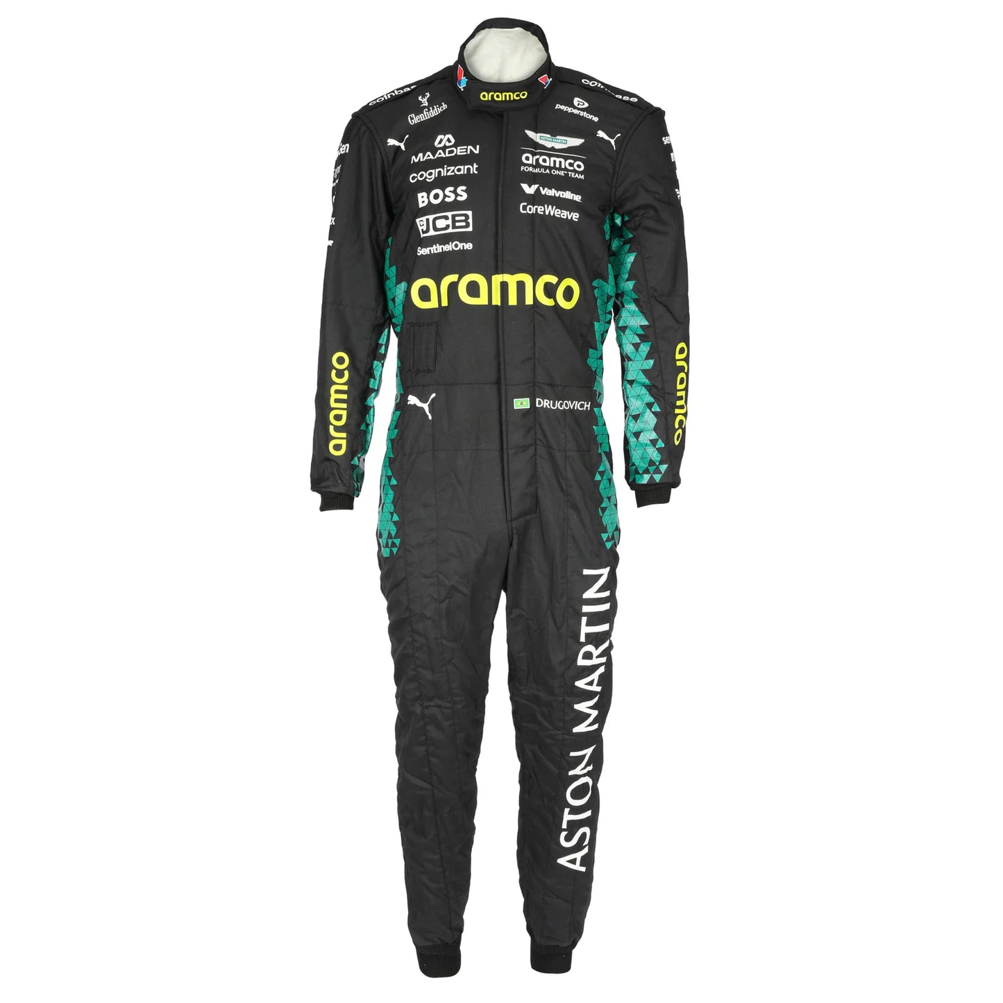 Back view of Felipe Drugovich’s 2025 Aston Martin Aramco F1 race suit – Dash Racegear.