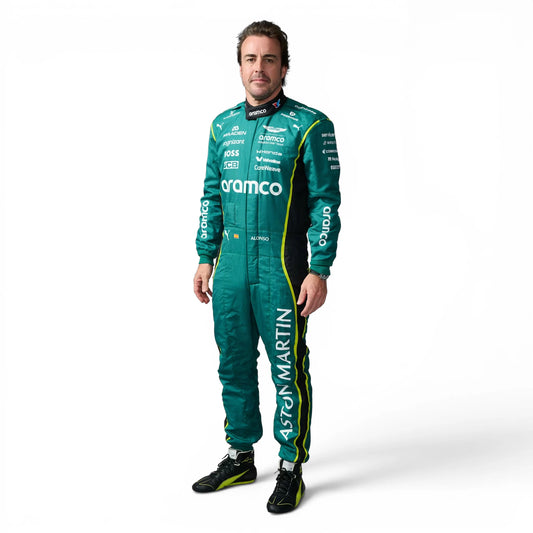 Fernando Alonso 2026 Aston Martin F1 Inspired Race Suit in British Racing Green, Front view showing printed sponsor logos, by DASH RACEGEAR