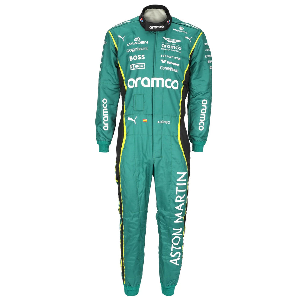 Front view of Fernando Alonso’s green 2026 Aston Martin Aramco F1 race suit – Dash Racegear.