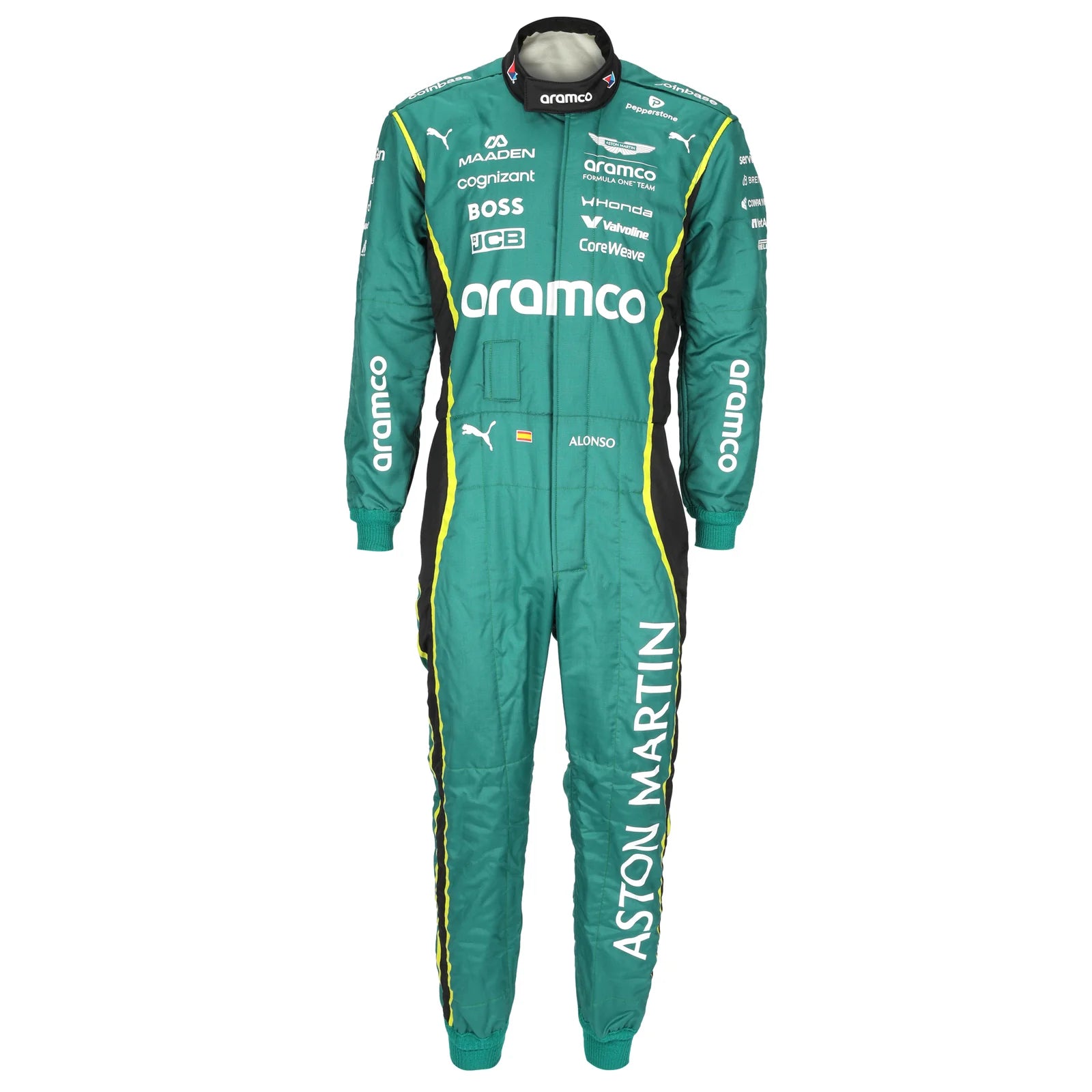 Front view of Fernando Alonso’s green 2026 Aston Martin Aramco F1 race suit – Dash Racegear.