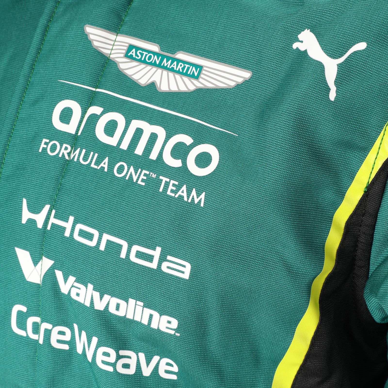  Aston Martin, Aramco and Honda chest logos on the green 2026 F1 race suit – Dash Racegear.