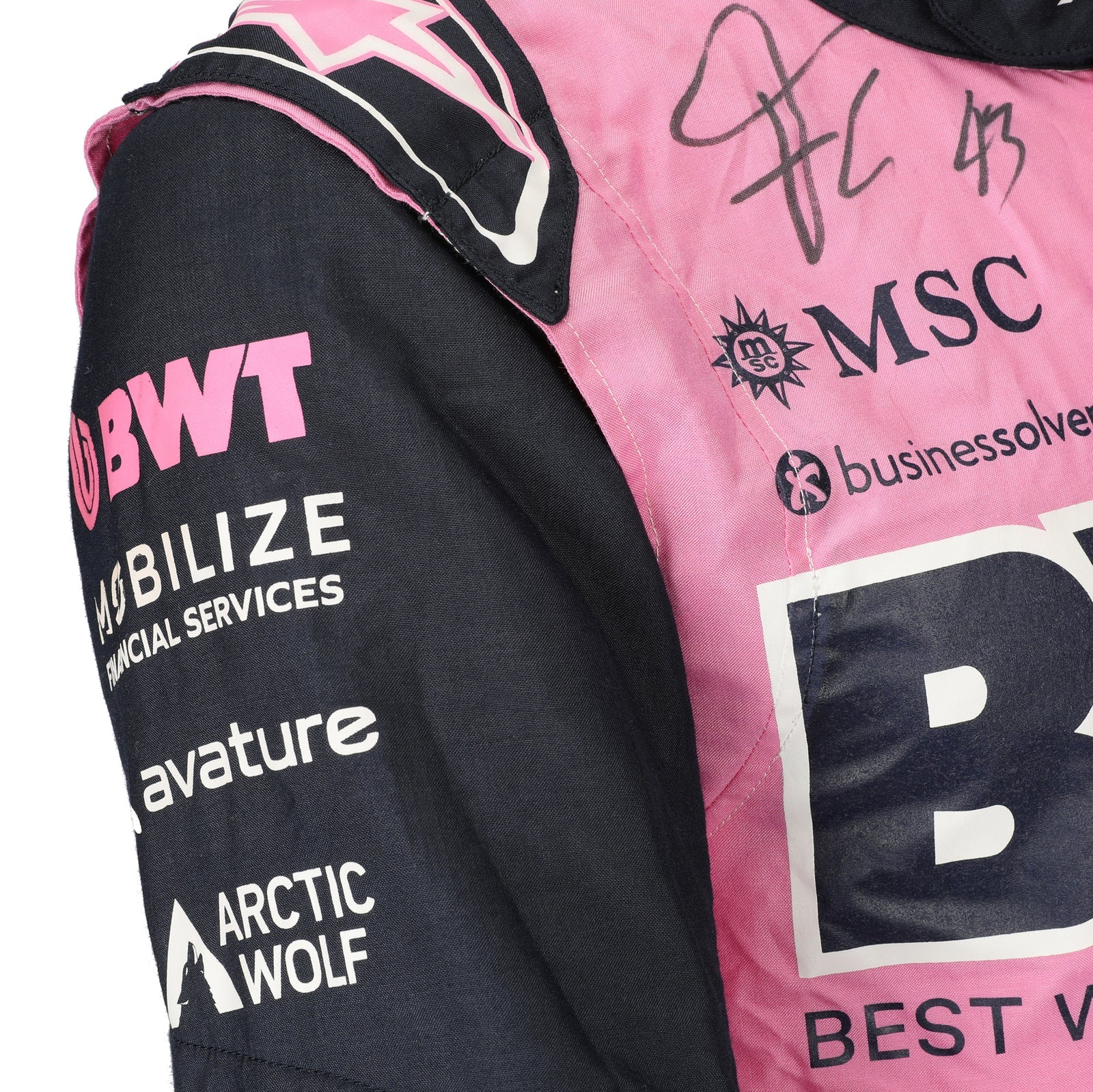 Franco Colapinto signature and sponsor logos on the 2026 BWT Alpine F1 race suit – Dash Racegear.