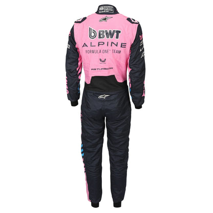 Back view of Franco Colapinto’s 2026 BWT Alpine F1 race suit in pink and navy – Dash Racegear.