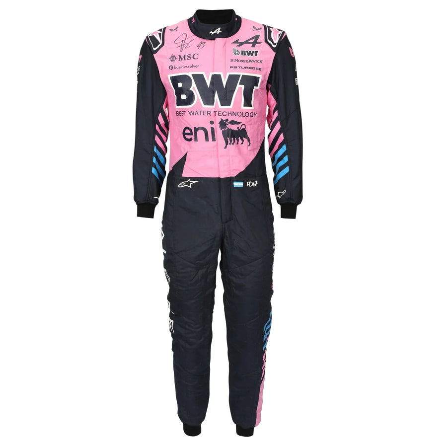 Front view of Franco Colapinto’s signed 2026 pink BWT Alpine F1 race suit – Dash Racegear.