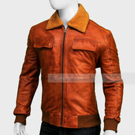 Mens Waxed Brown Distressed Pilot Aviator Bomber Jacket Bomber Jacket men front product view | Dash Racegear — Mens Waxed Brown Distressed Bomber Jacket
