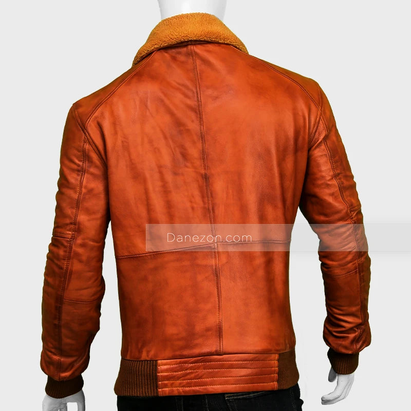 Mens Waxed Brown Distressed Pilot Aviator Bomber Jacket Bomber Jacket men detail view 4 | Dash Racegear — Mens Waxed Brown Fur Collar Jacket