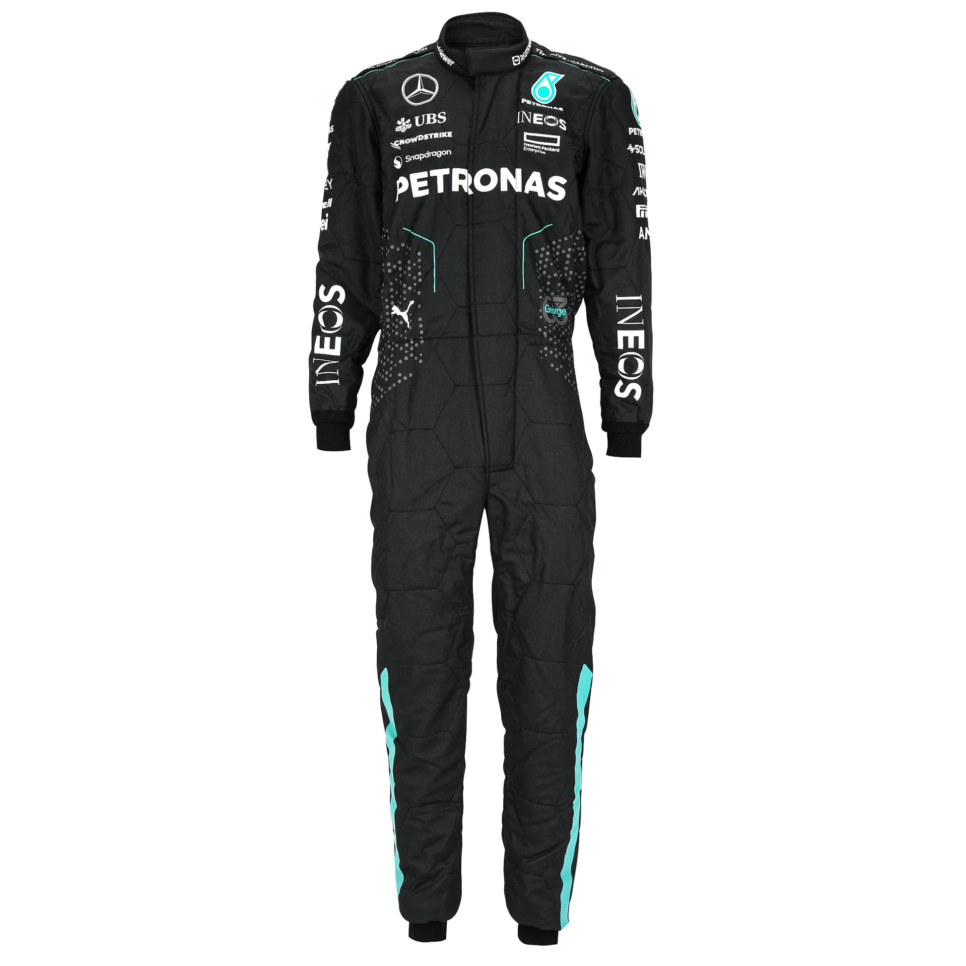 George Russell number 63 detail on the 2024 Mercedes F1-inspired race suit