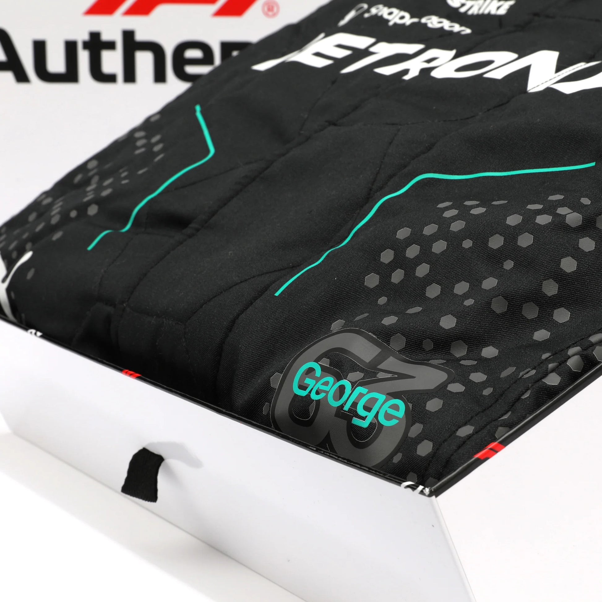 Sponsor logos on George Russell 2024 Mercedes F1-inspired race suit