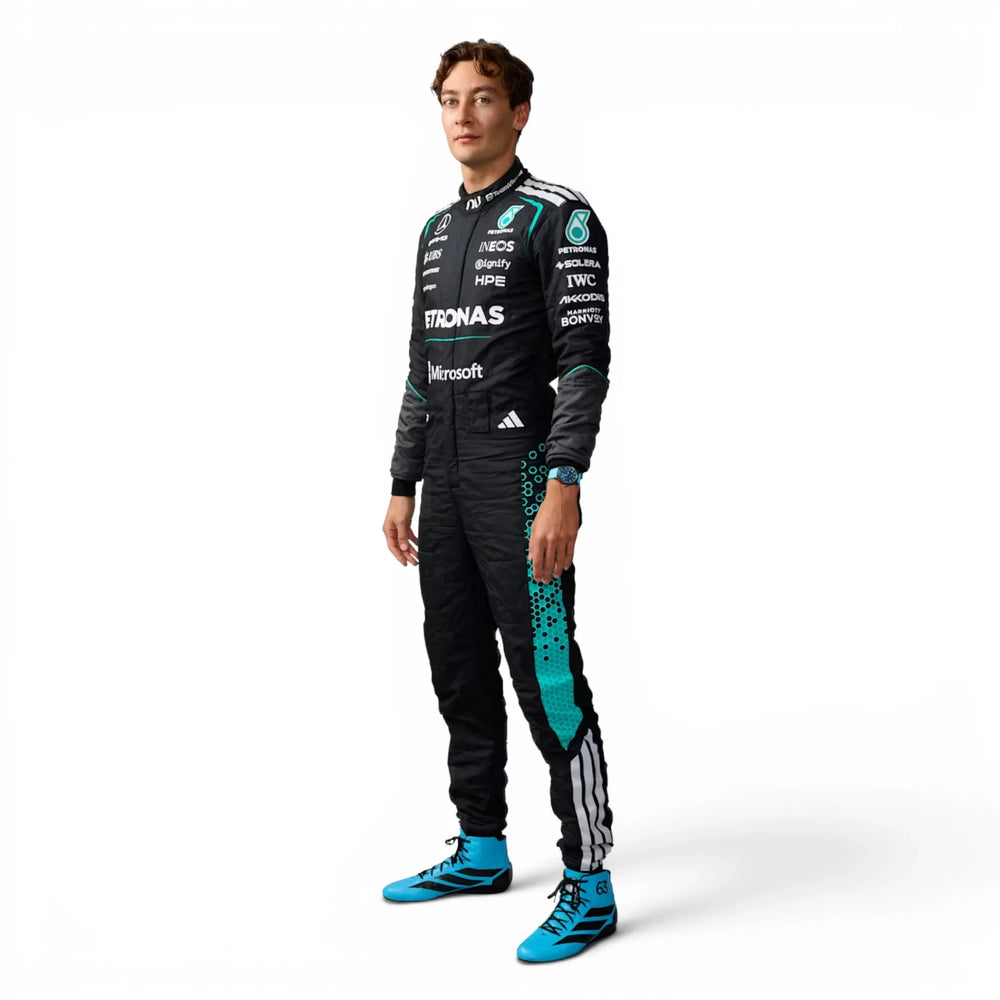George Russell 2026 Mercedes F1 Inspired Race Suit in Silver, Front view showing printed sponsor logos, by DASH RACEGEAR