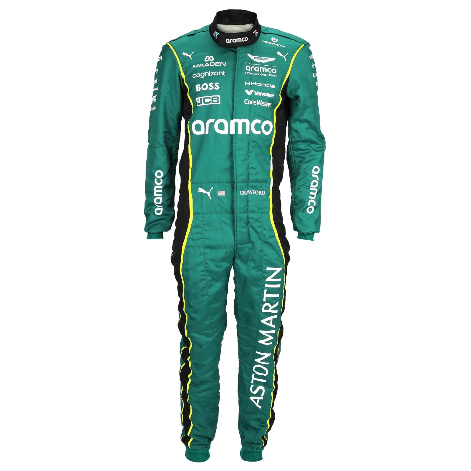 Front view of Jak Crawford’s green 2026 Aston Martin Aramco F1 race suit – Dash Racegear.