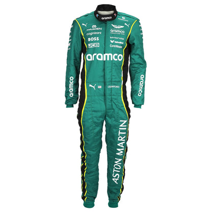 Front view of Jak Crawford’s green 2026 Aston Martin Aramco F1 race suit – Dash Racegear.