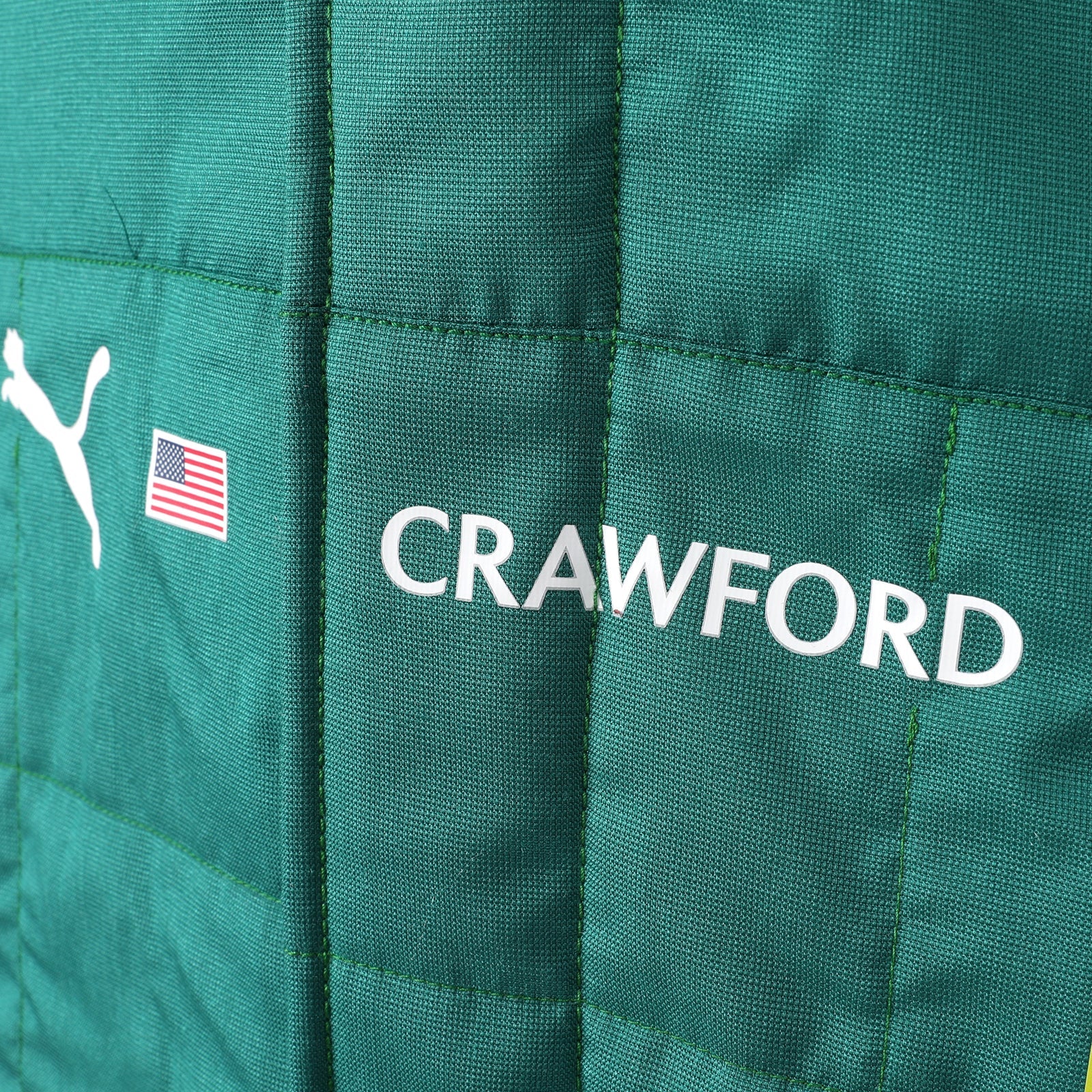 Crawford name and United States flag detail on the 2026 Aston Martin F1 race suit – Dash Racegear.