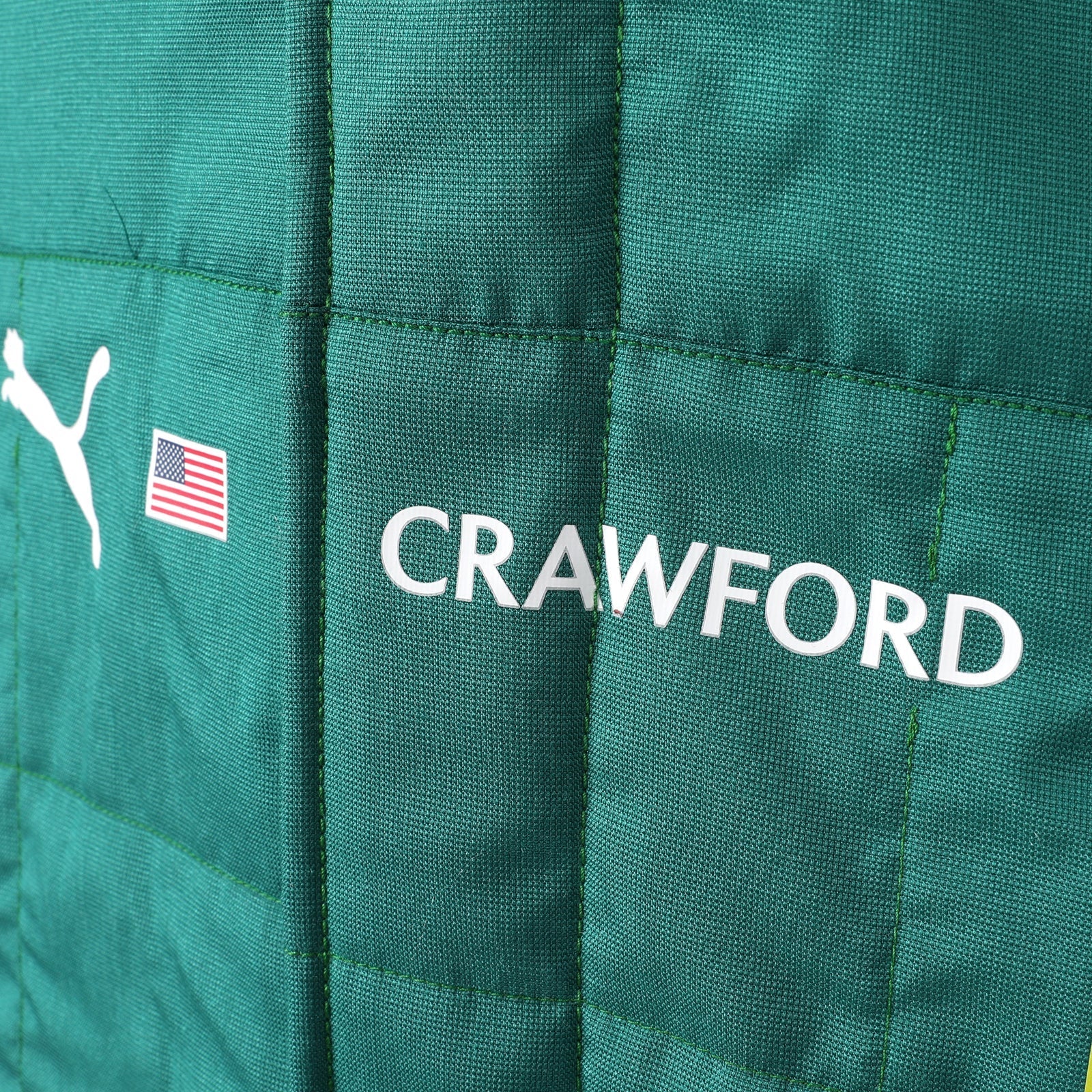 Crawford name and United States flag detail on the 2026 Aston Martin F1 race suit – Dash Racegear.
