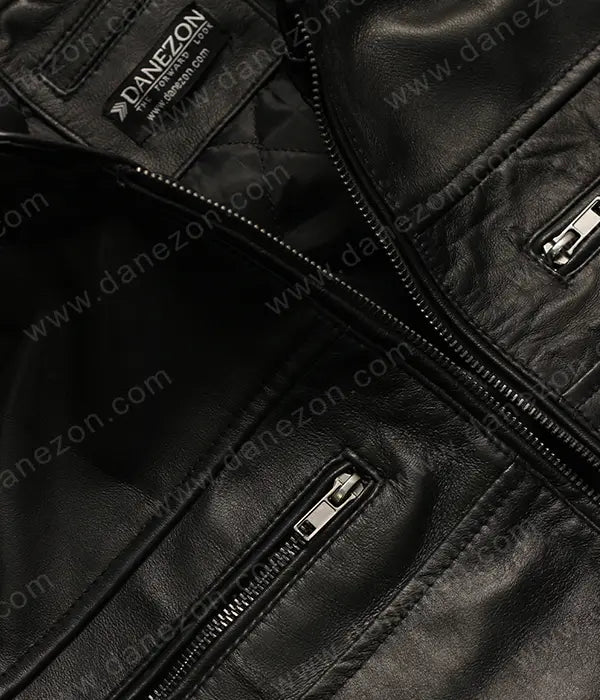 Black Johnson Men Leather Jacket Leather Jacket men detail view 7 | Dash Racegear — Dash Racegear Men Black Leather Jacket