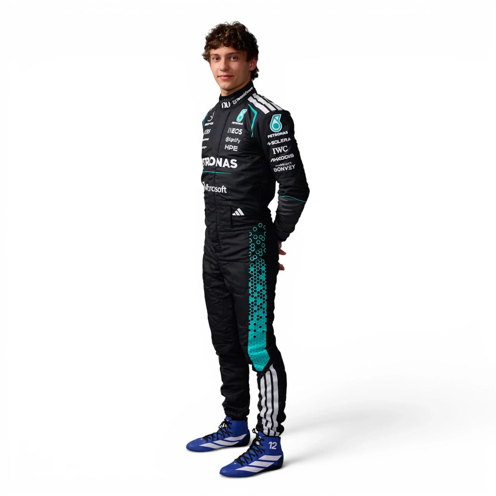 Kimi Antonelli 2026 Mercedes F1 Inspired Race Suit in Silver, Front view showing printed sponsor logos, by DASH RACEGEAR