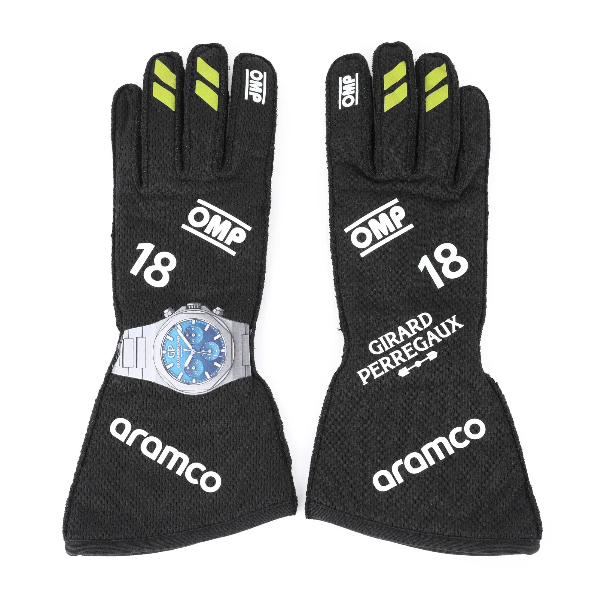 Lance Stroll 2024 Aston Martin F1-inspired race gloves with OMP, number 18 and Aramco logos
