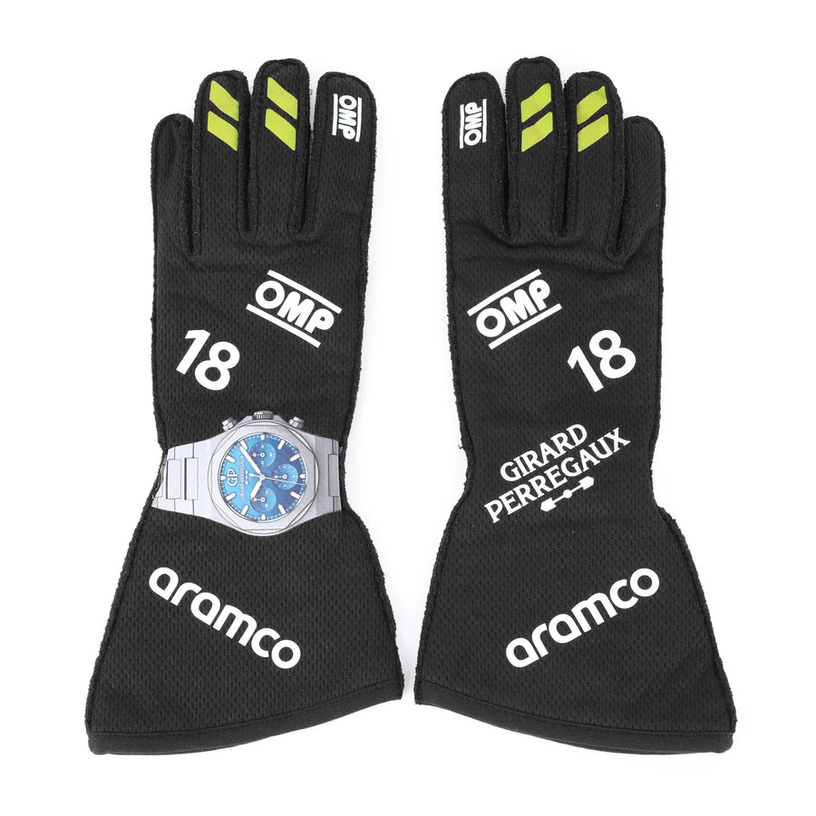 Lance Stroll 2024 Aston Martin F1-inspired race gloves with OMP, number 18 and Aramco logos