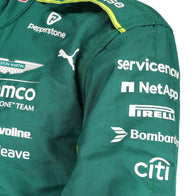  Front view of Lance Stroll’s green 2025 Aston Martin Aramco F1 race suit – Dash Racegear.