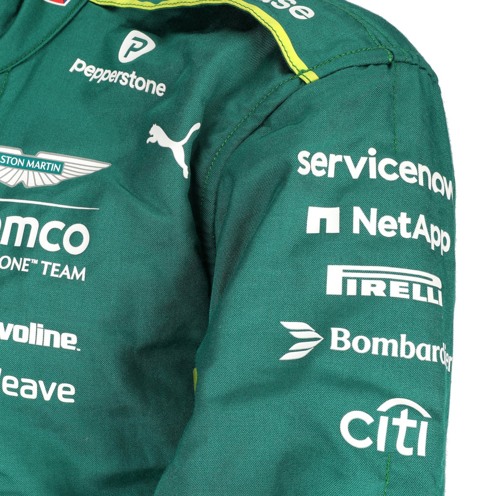  Front view of Lance Stroll’s green 2025 Aston Martin Aramco F1 race suit – Dash Racegear.