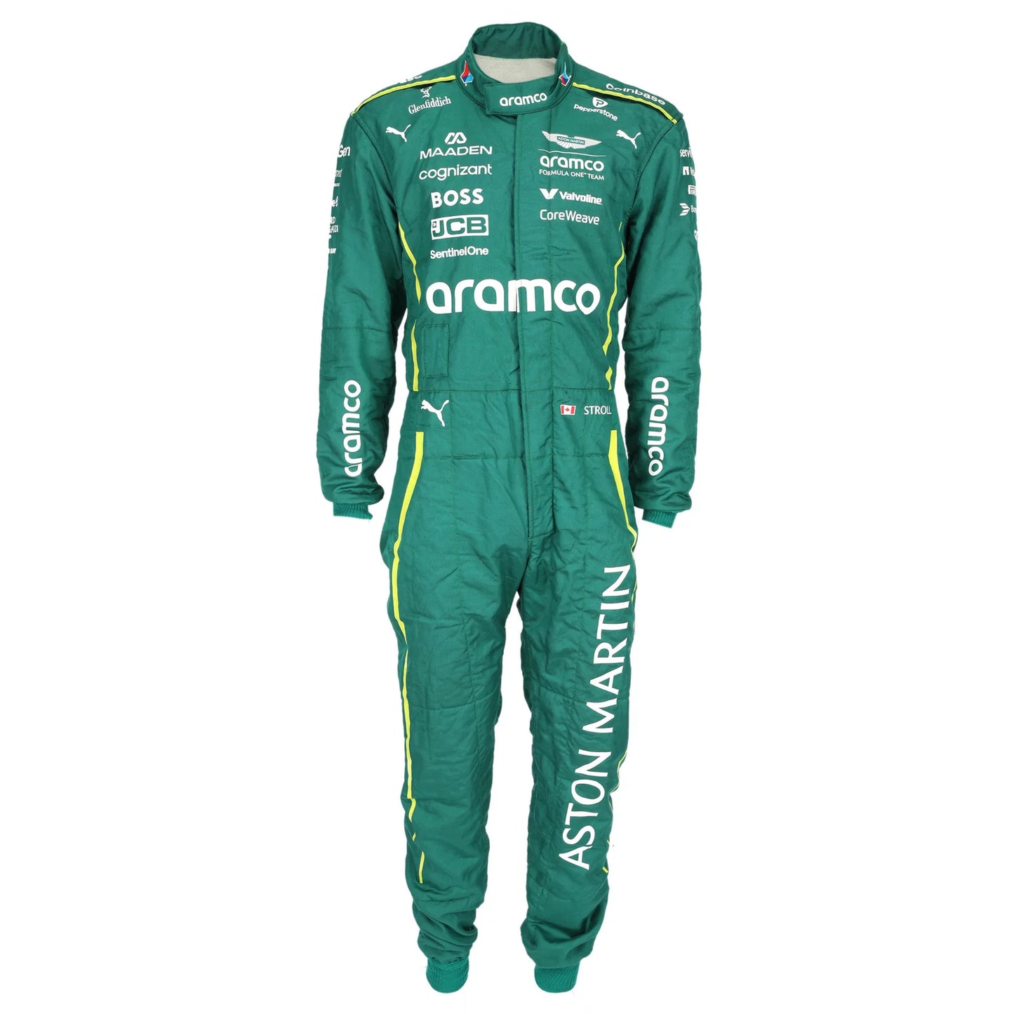 Maaden, Cognizant, BOSS and JCB logos on Lance Stroll’s 2025 F1 race suit – Dash Racegear.