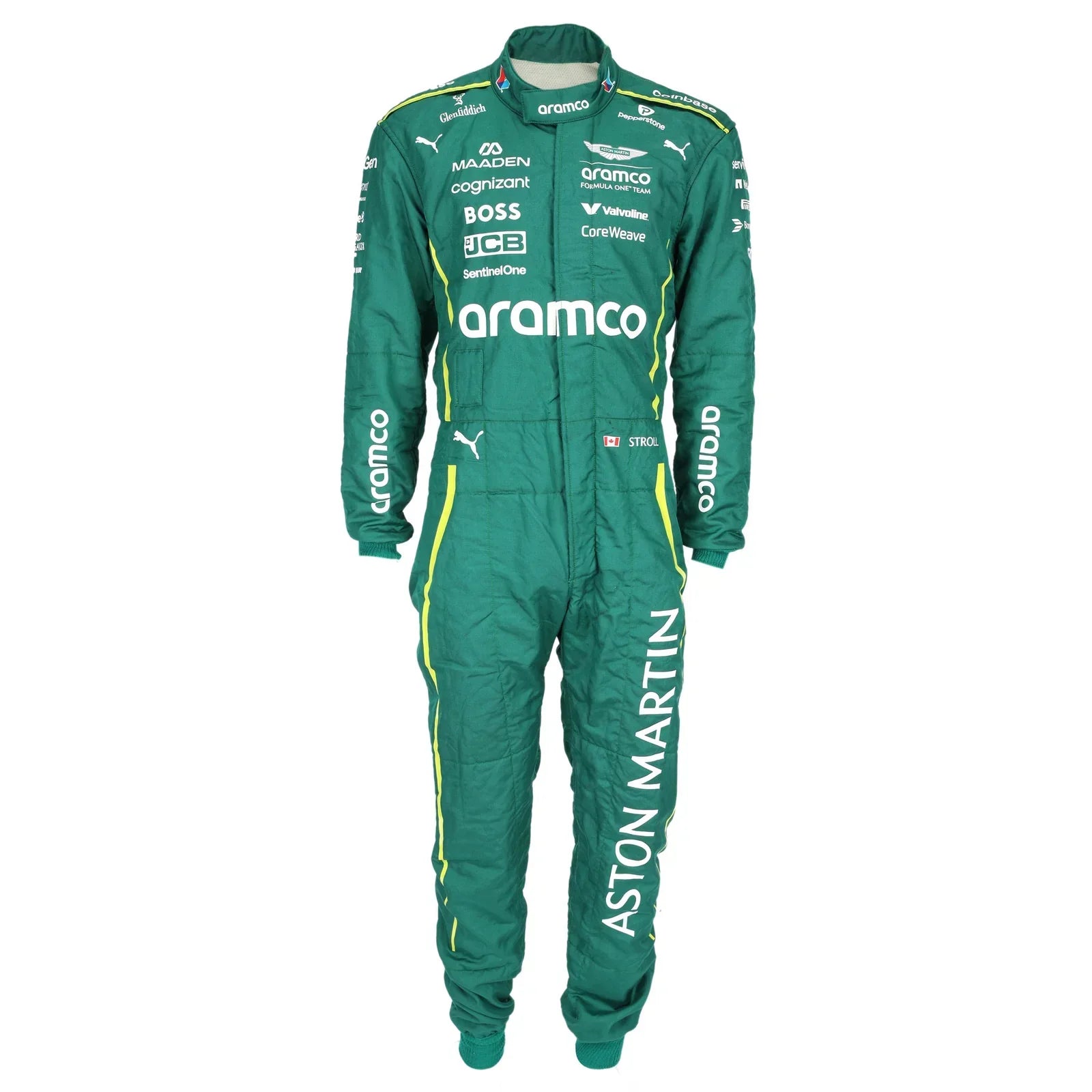 Maaden, Cognizant, BOSS and JCB logos on Lance Stroll’s 2025 F1 race suit – Dash Racegear.