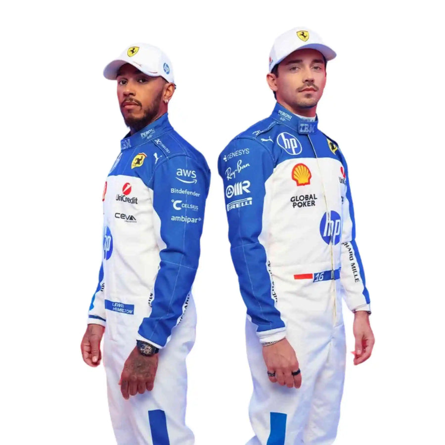 Lewis Hamilton 2025 Ferrari F1 Inspired Race Suit in Ferrari Red, Front view showing printed sponsor logos, by DASH RACEGEAR