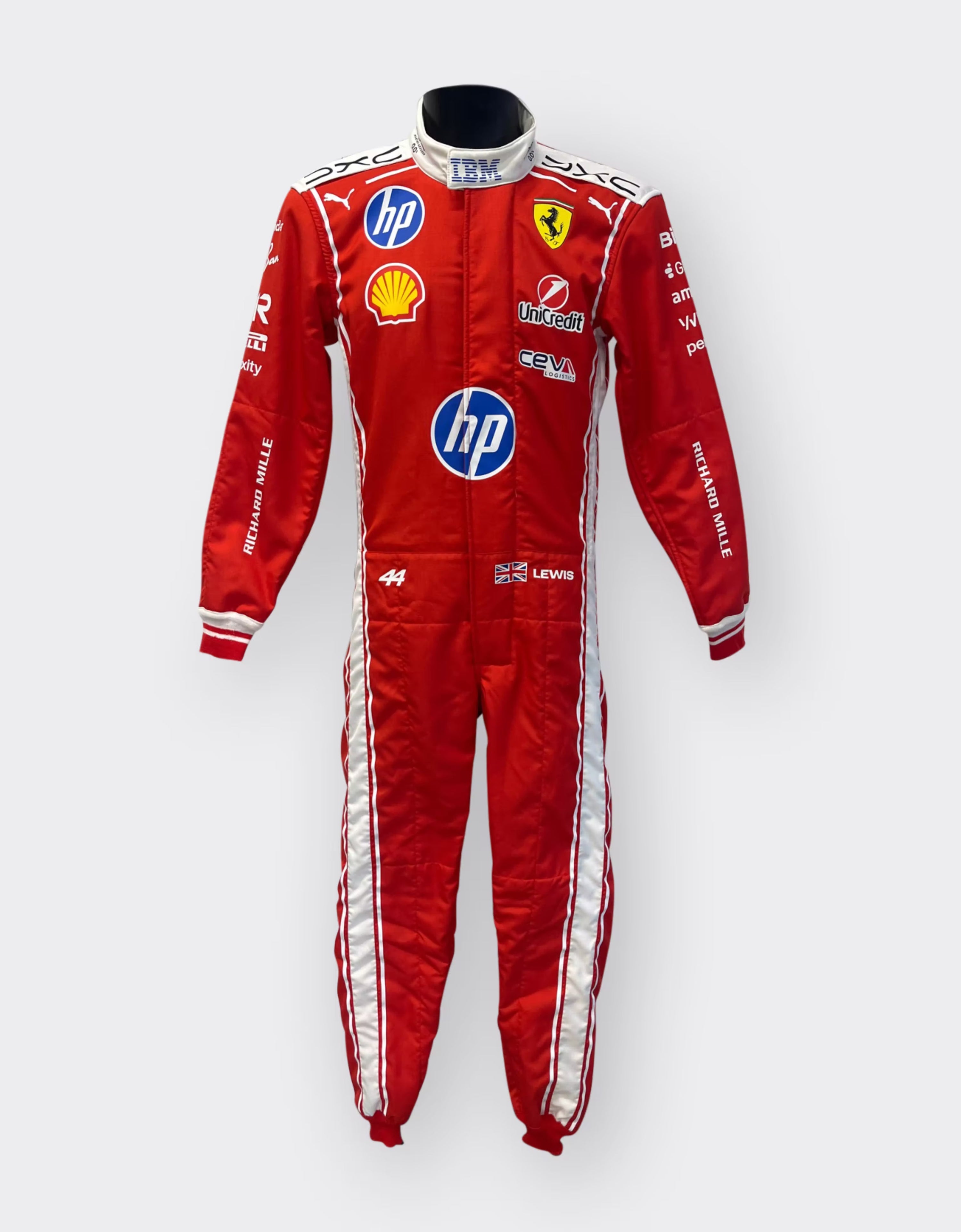 Back of Lewis Hamilton’s 2026 Scuderia Ferrari HP replica F1 race suit – Dash Racegear.