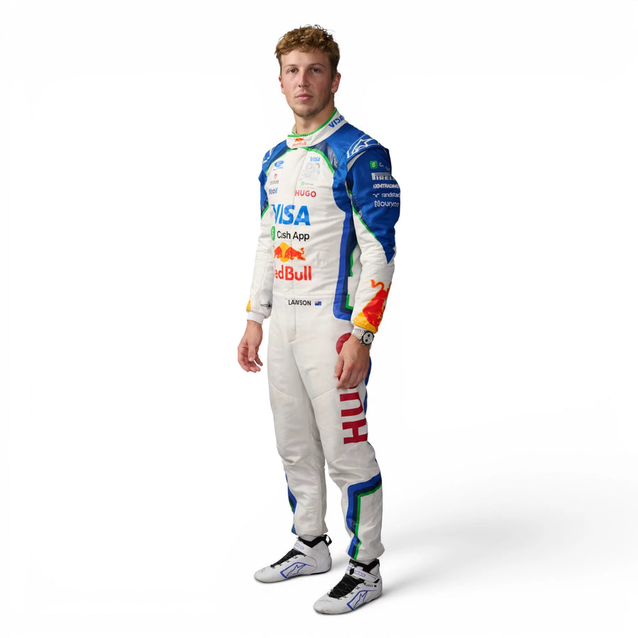 Liam Lawson 2026 Red Bull Racing F1 Inspired Race Suit in Navy Blue, Front view showing printed sponsor logos, by DASH RACEGEAR