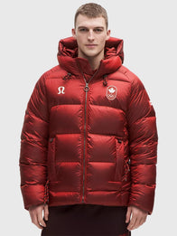 lululemon Winter Olympics 2026 Team Canada Puffer Jacket Puffer Jacket unisex front product view | Dash Racegear — Red lululemon Men’s Winter Olympics 2026 Team Canada Puffer Jacket with hood, perfect for outdoor winter events.