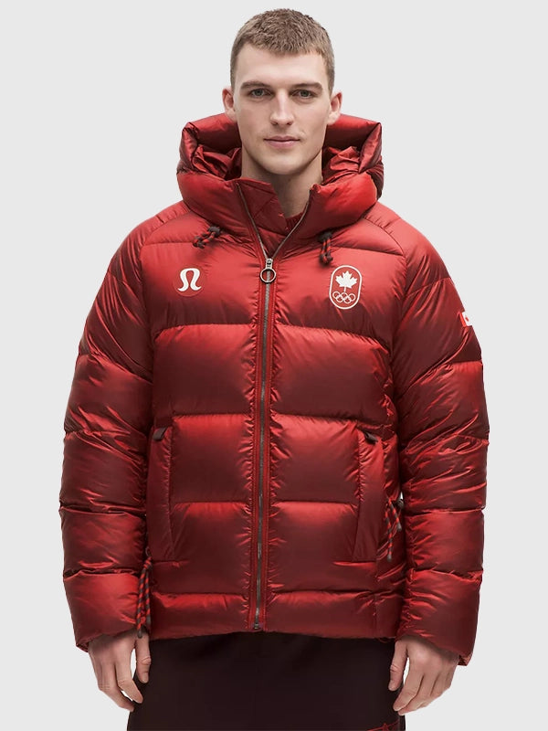 lululemon Winter Olympics 2026 Team Canada Puffer Jacket Puffer Jacket unisex front product view | Dash Racegear — Red lululemon Men’s Winter Olympics 2026 Team Canada Puffer Jacket with hood, perfect for outdoor winter events.