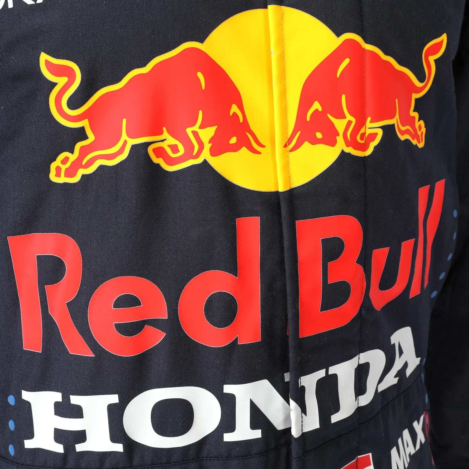 Max Verstappen 2021 Mexican Grand Prix Red Bull Racing F1 Inspired Race Suit in Navy Blue, Back view 2 showing printed sponsor logos, by DASH RACEGEAR
