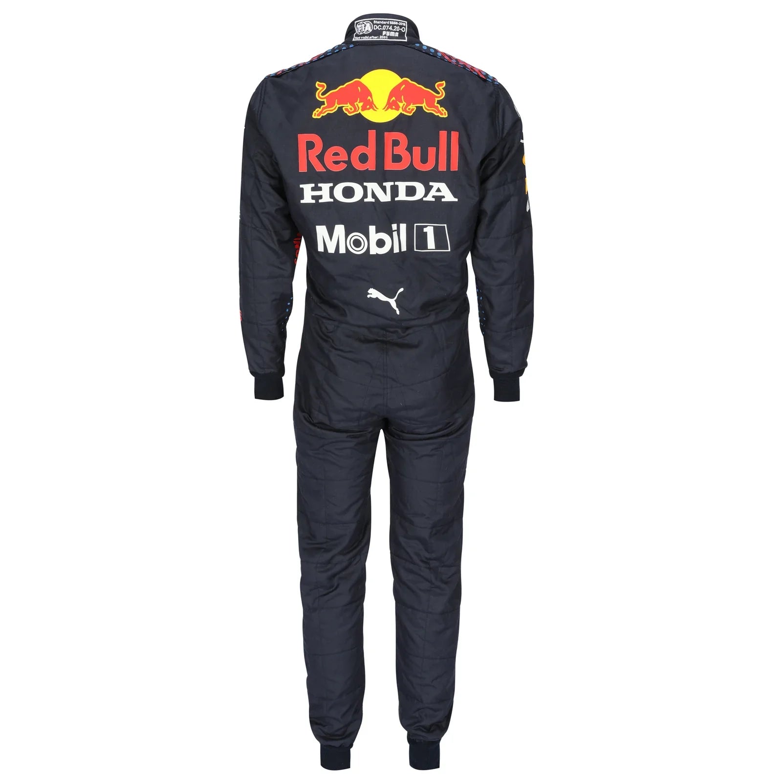 Max Verstappen 2021 Mexican Grand Prix Red Bull Racing F1 Inspired Race Suit in Navy Blue, Back view showing printed sponsor logos, by DASH RACEGEAR