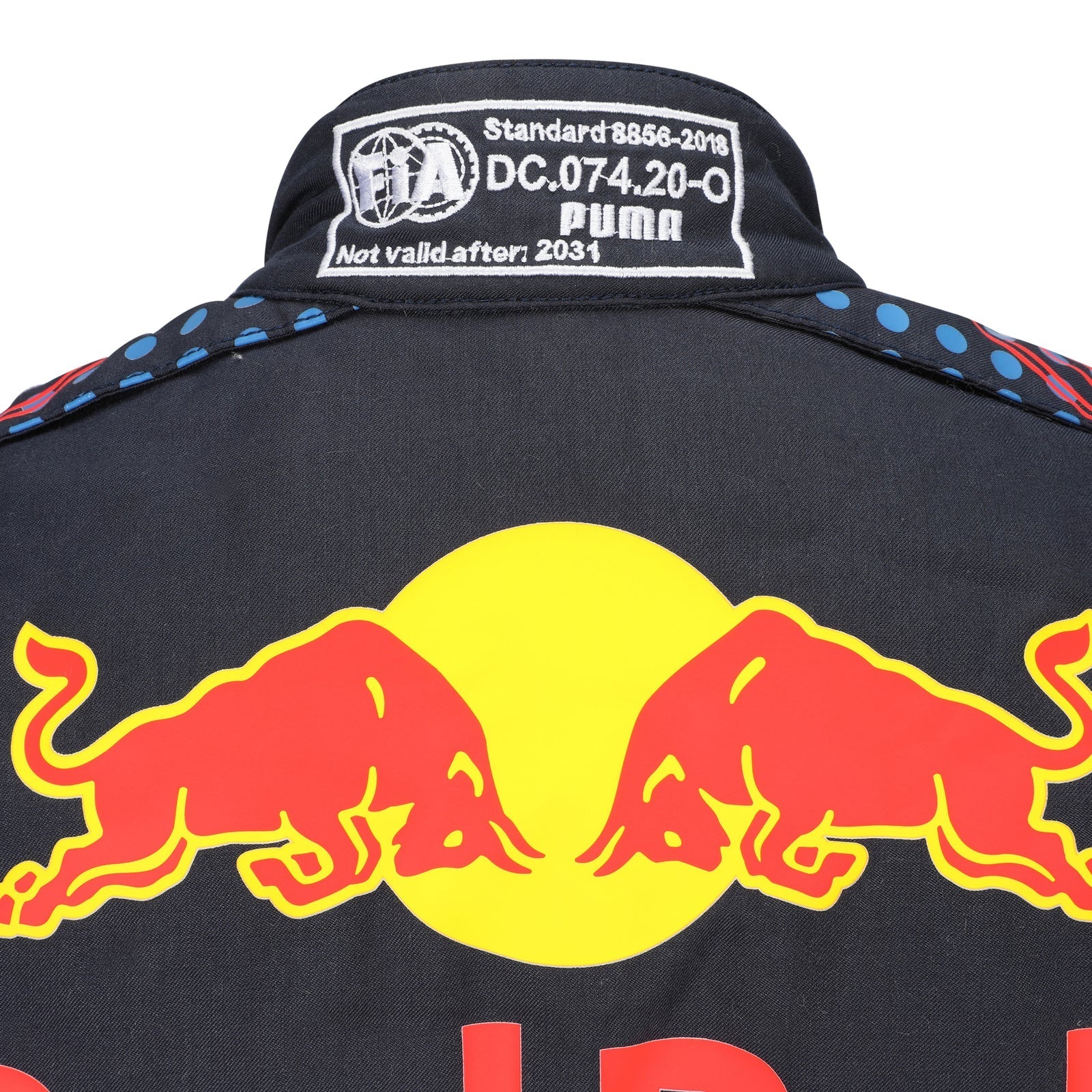 Max Verstappen 2021 Mexican Grand Prix Red Bull Racing F1 Inspired Race Suit in Navy Blue, Detail view 2 showing printed sponsor logos, by DASH RACEGEAR