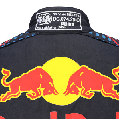 Max Verstappen 2021 Mexican Grand Prix Red Bull Racing F1 Inspired Race Suit in Navy Blue, Detail view 2 showing printed sponsor logos, by DASH RACEGEAR