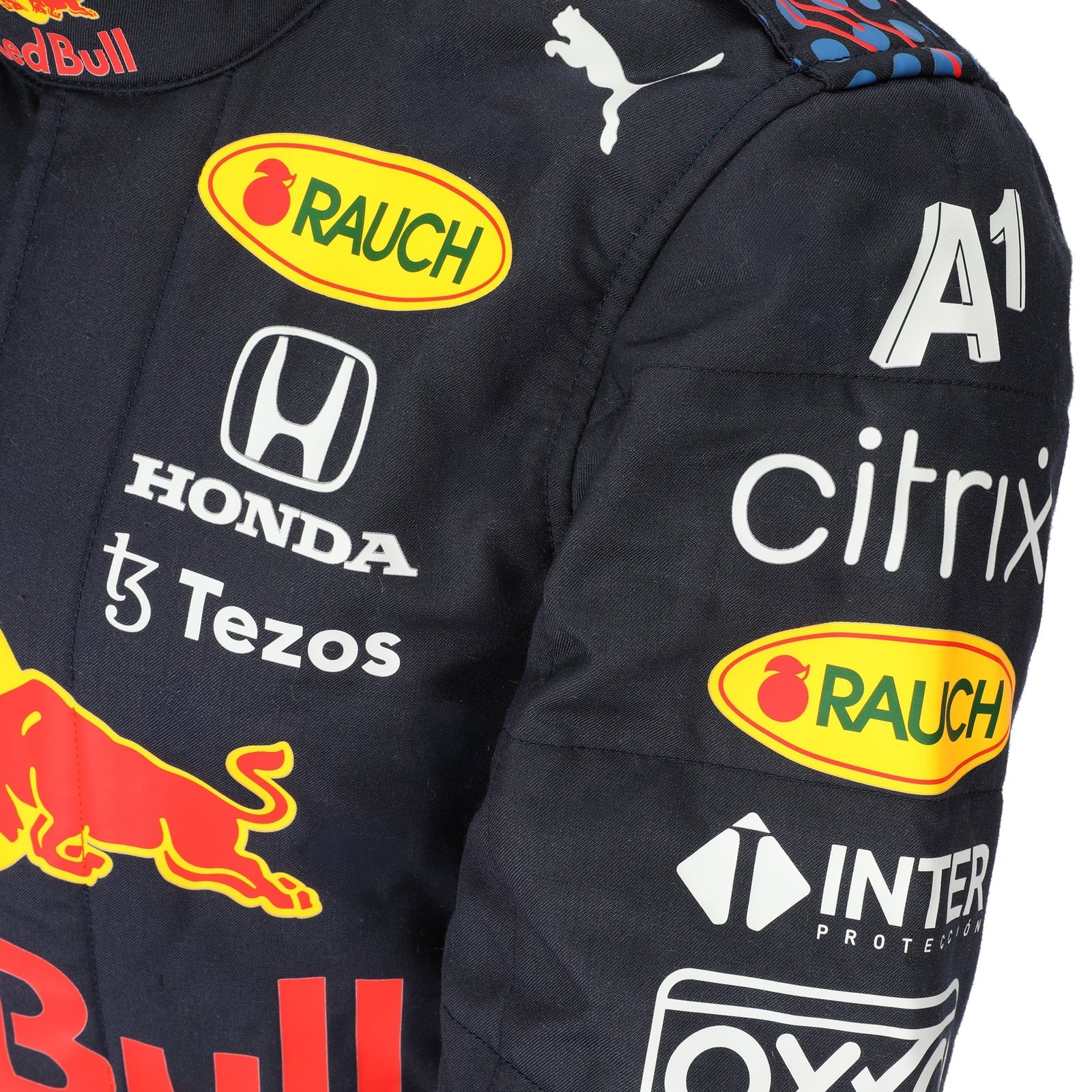 Max Verstappen 2021 Mexican Grand Prix Red Bull Racing F1 Inspired Race Suit in Navy Blue, Detail view showing printed sponsor logos, by DASH RACEGEAR