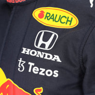 Max Verstappen 2021 Mexican Grand Prix Red Bull Racing F1 Inspired Race Suit in Navy Blue, Front view 3 showing printed sponsor logos, by DASH RACEGEAR