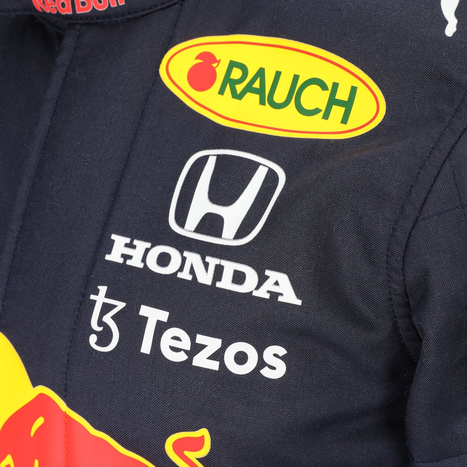 Max Verstappen 2021 Mexican Grand Prix Red Bull Racing F1 Inspired Race Suit in Navy Blue, Front view 3 showing printed sponsor logos, by DASH RACEGEAR