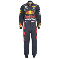 Max Verstappen 2021 Mexican Grand Prix Red Bull Racing F1 Inspired Race Suit in Navy Blue, Front view showing printed sponsor logos, by DASH RACEGEAR