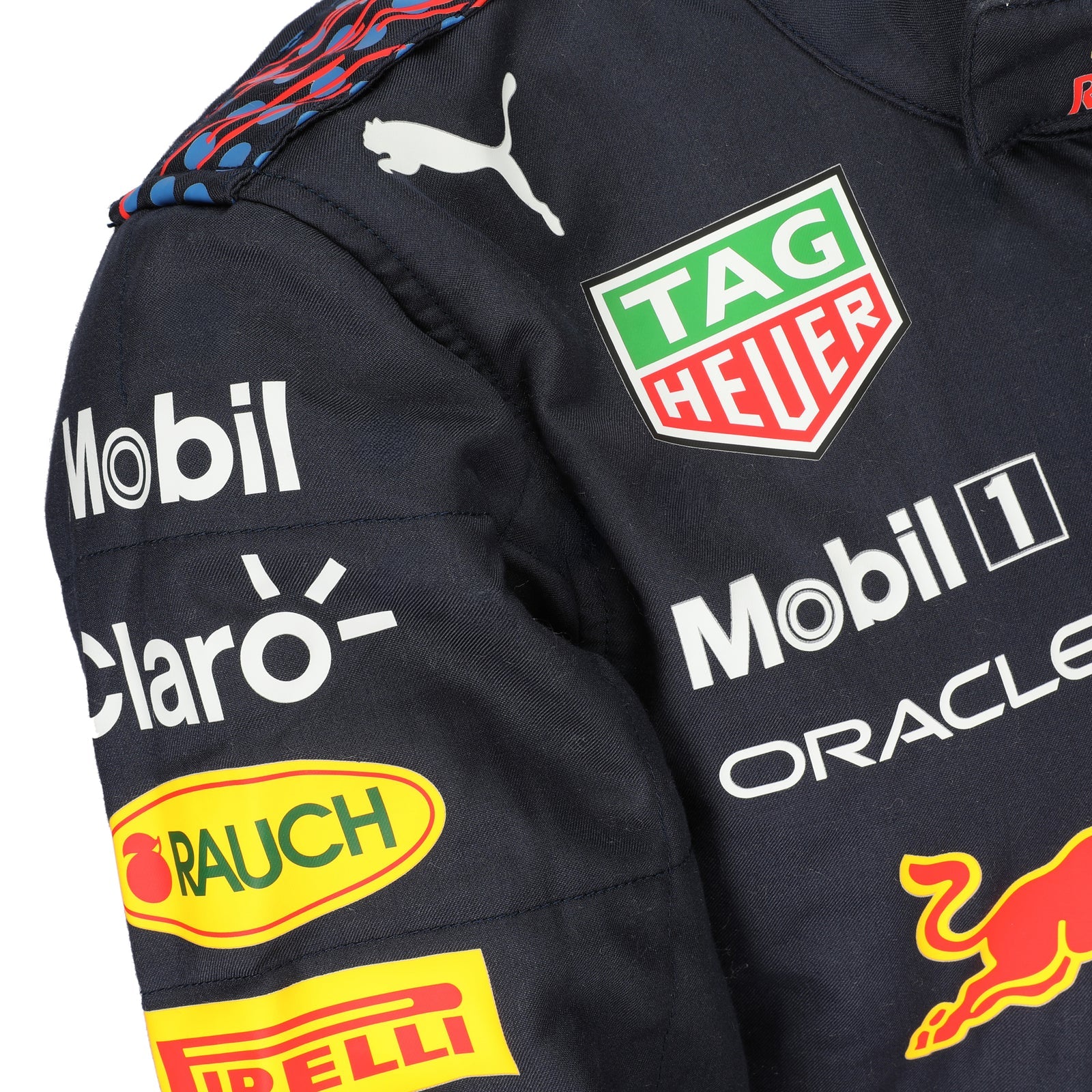 Max Verstappen 2021 Mexican Grand Prix Red Bull Racing F1 Inspired Race Suit in Navy Blue, Side view showing printed sponsor logos, by DASH RACEGEAR