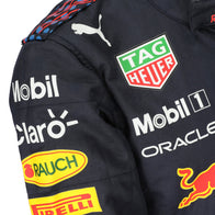 Max Verstappen 2021 Mexican Grand Prix Red Bull Racing F1 Inspired Race Suit in Navy Blue, Side view showing printed sponsor logos, by DASH RACEGEAR