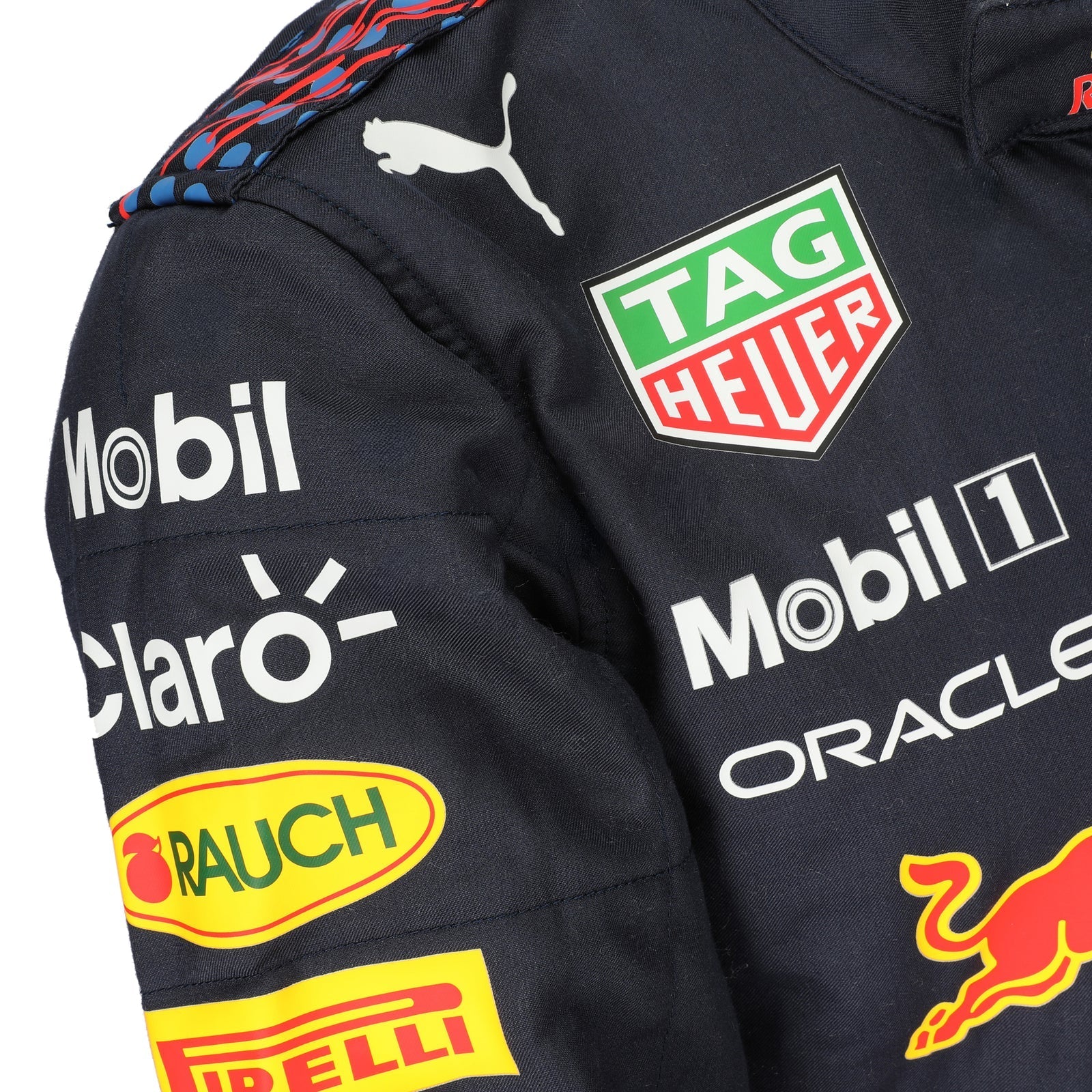 Max Verstappen 2021 Mexican Grand Prix Red Bull Racing F1 Inspired Race Suit in Navy Blue, Side view showing printed sponsor logos, by DASH RACEGEAR