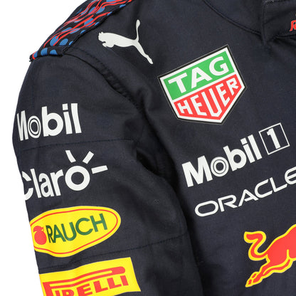 Max Verstappen 2021 Mexican Grand Prix Red Bull Racing F1 Inspired Race Suit in Navy Blue, Side view showing printed sponsor logos, by DASH RACEGEAR