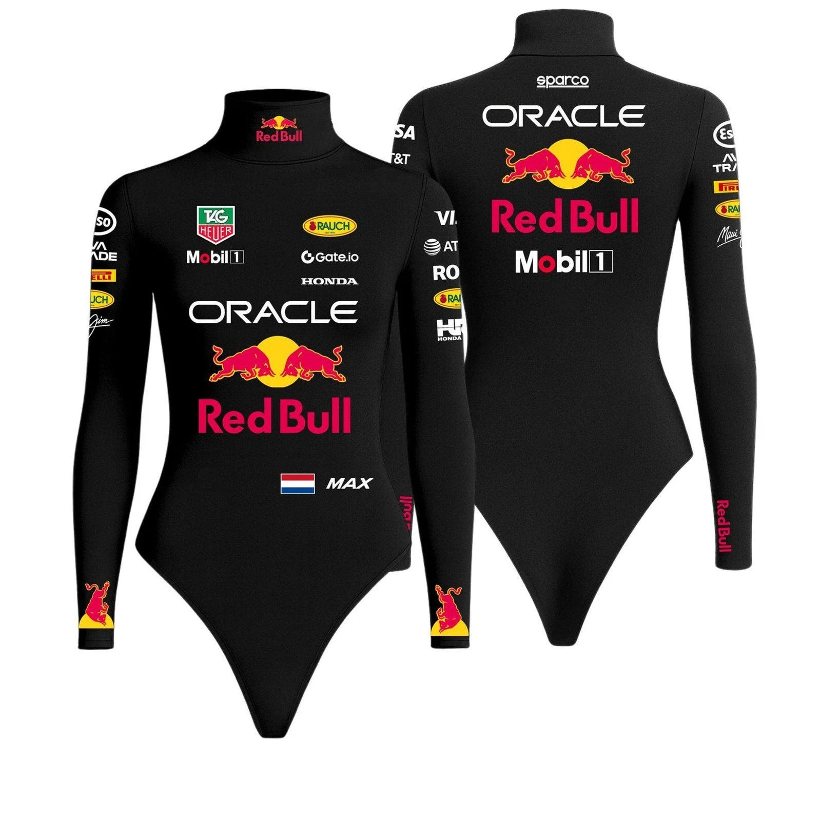 Max Verstappen 2025 F1 Women Bodysuit and Onesie Red Bull Black by Dash Racegear, front product view, design 2644