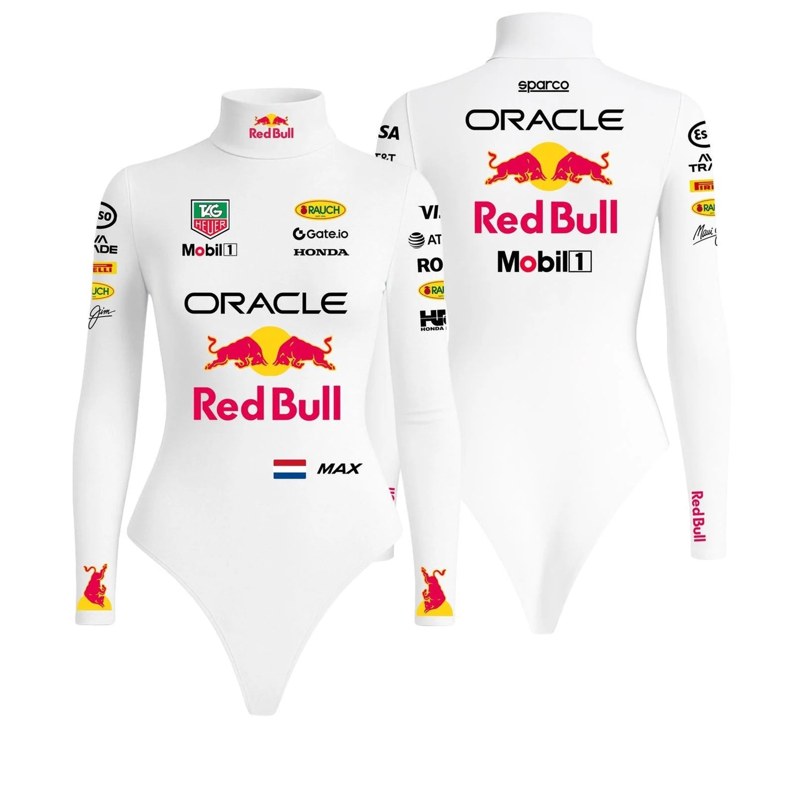 Max Verstappen 2025 F1 Women Bodysuit and Onesie Red Bull White by Dash Racegear, front product view, design 3134