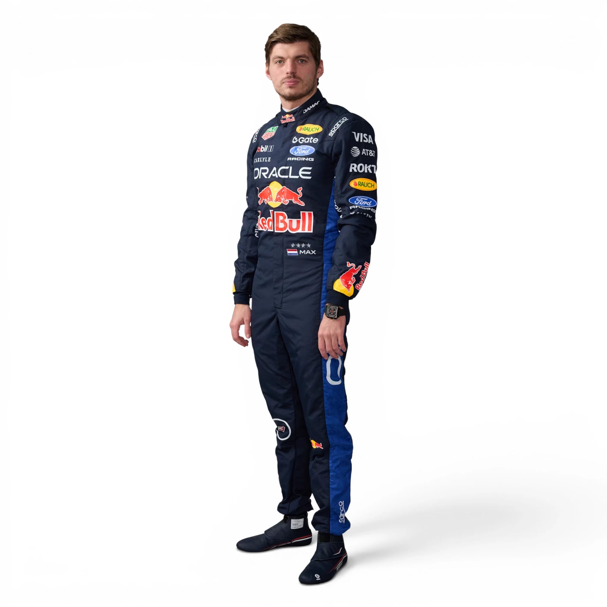 Max Verstappen 2026 Red Bull Racing F1 Inspired Race Suit in Navy Blue, Front view showing printed sponsor logos, by DASH RACEGEAR