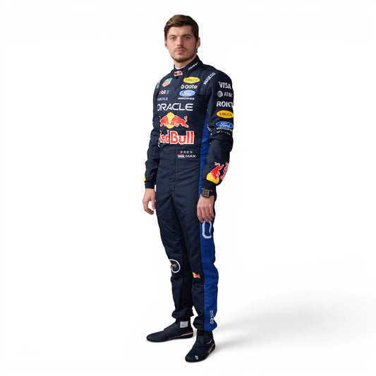 Max Verstappen 2026 Red Bull Racing F1 Inspired Race Suit in Navy Blue, Front view showing printed sponsor logos, by DASH RACEGEAR
