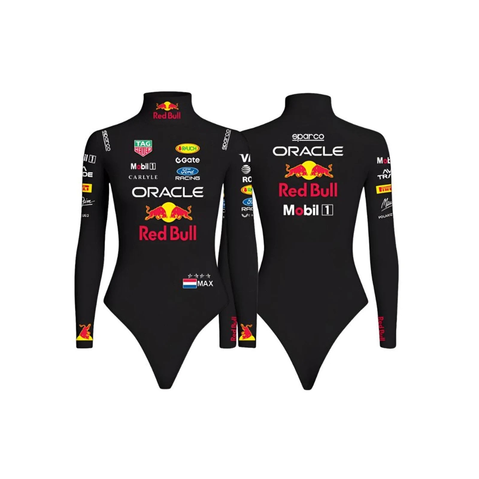 Max Verstappen 2026 F1 Women Bodysuit and Onesie Red Bull Black by Dash Racegear, front product view, design 3577