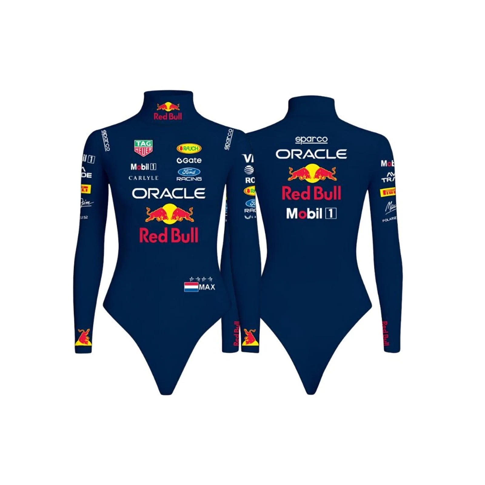 Max Verstappen 2026 F1 Women Bodysuit and Onesie Red Bull Blue by Dash Racegear, front product view, design 4850